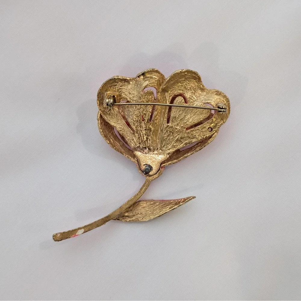 Vintage Signed ART Enamel Flower Brooch Pin Arthur Pepper Gold Tone 3" x 2" - Picture 3 of 9